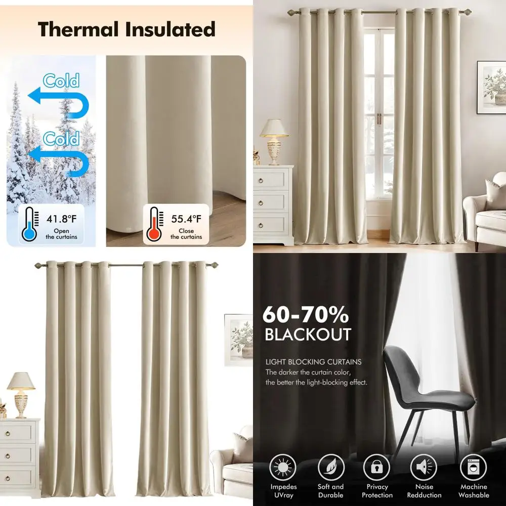 

Beige Velvet Grommet Curtains, Insulated & Soundproof, 52x96 for Living Room/Bedroom, 2-Panel Set