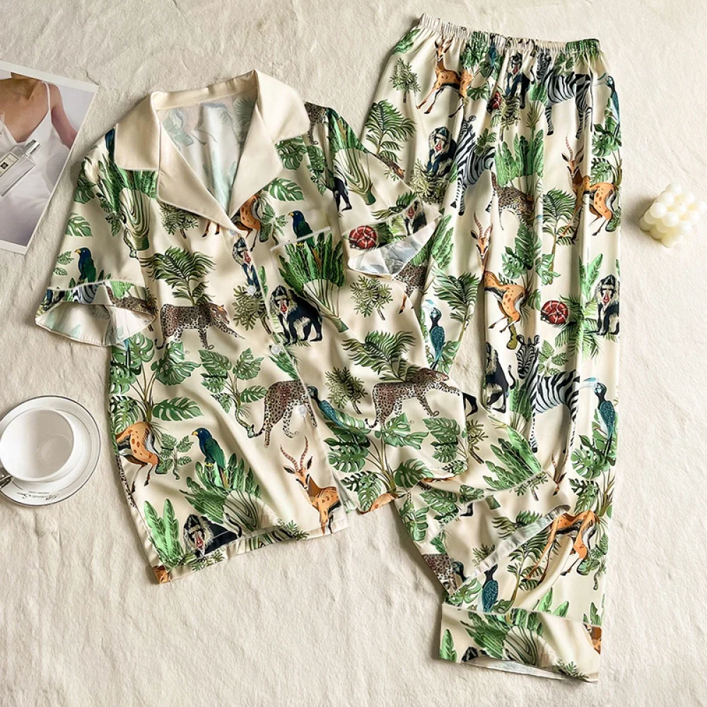 Plants & Flowers Animal Print Women's Pajamas Short Sleeve Long Pant Two Piece Set Homewear 2024 Summer New Classy Sleep Clothes