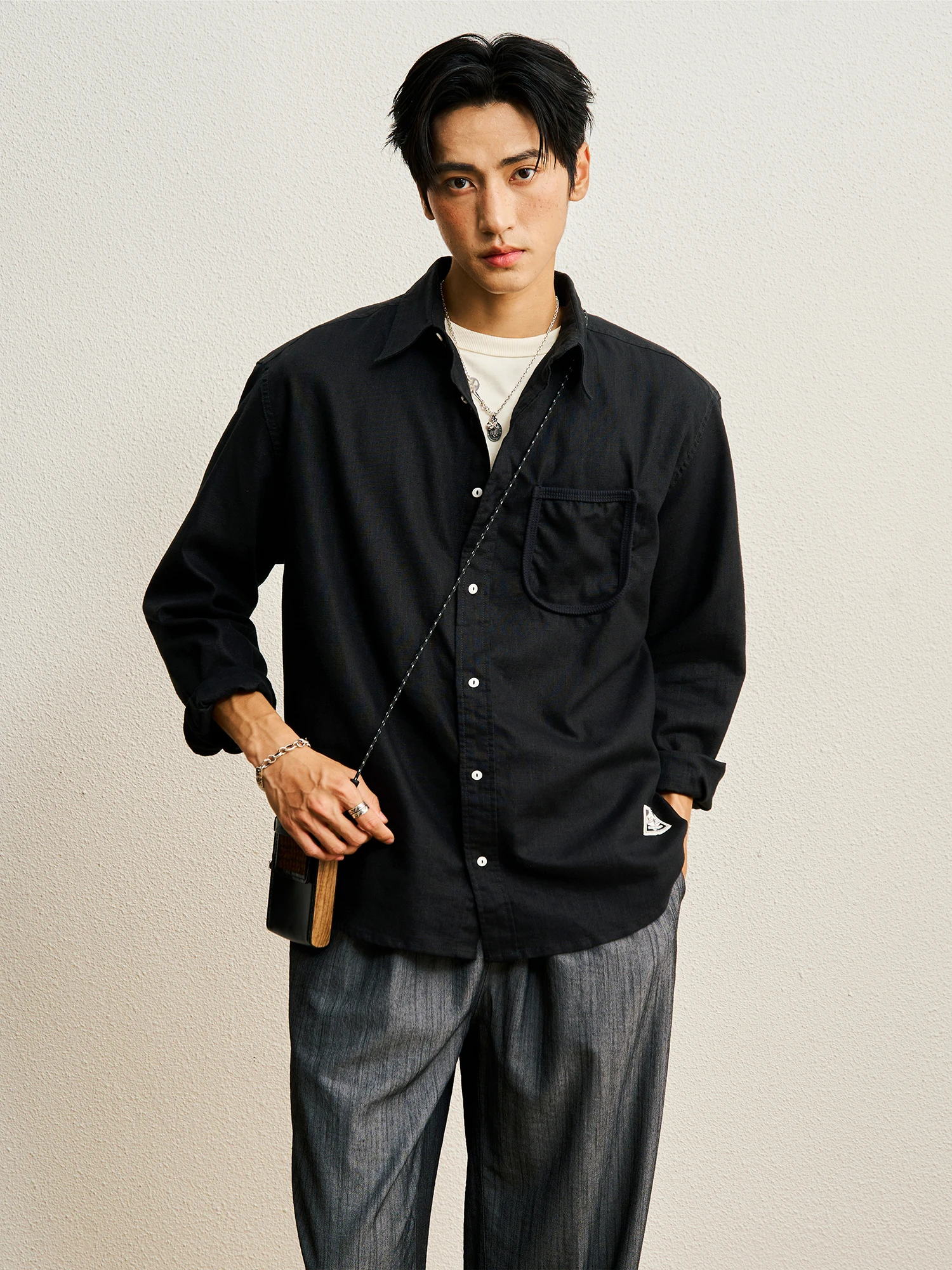 CENLES AW26 NCOLOR Series Linen  Pocket Pure Color Casual Loose Workwear Shirt Breathable Long Sleeve Button up Men's Shirt