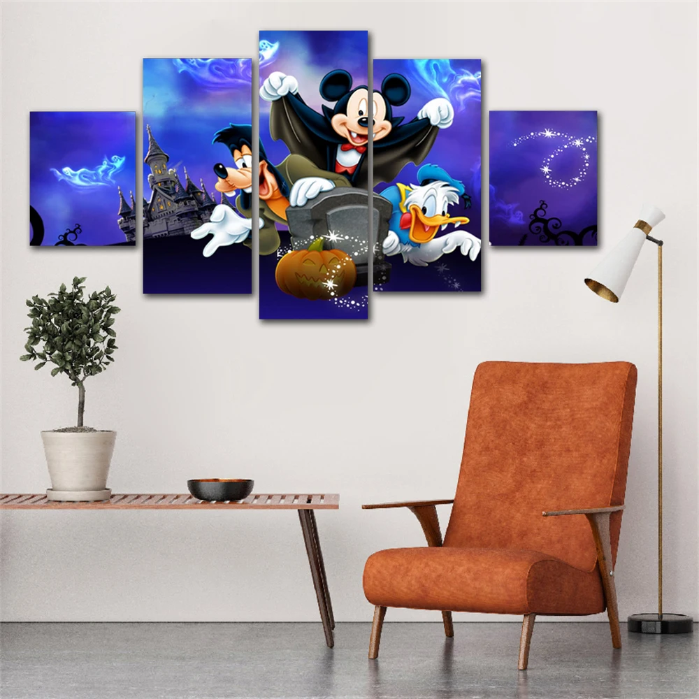 5 Pieces Canvas Painting Disney Mickey Mouse and Donald Duck Wall Art Posters Prints Cartoon Pictures Living Room Home Decor