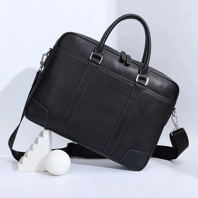 Genuine Leather High-End Men Briefcase Horizontal Business Handbag Large Capacity Fashion Shoulder Messenger Male File Bag