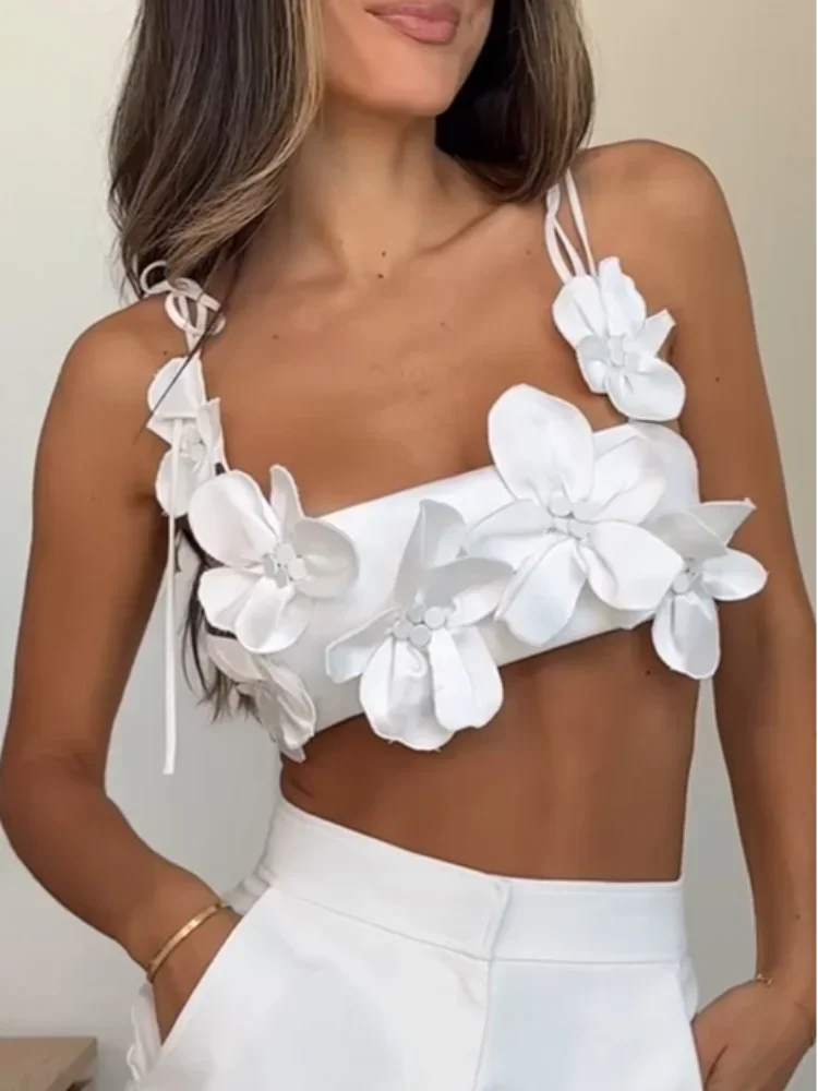 

con flores en 3d para mujer, Топ corto blanco ajustado con Espalda описаниеierta, trajes elegantes para fiesta и Fiskciones, 2024