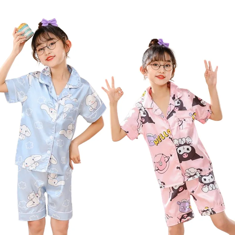 

Sanrios Children Girls Cinnamoroll Ice Silk Lapel Pajamas Cartoon Short Sleeve Sweet Anime Home Clothes Kawaii Cute Summer