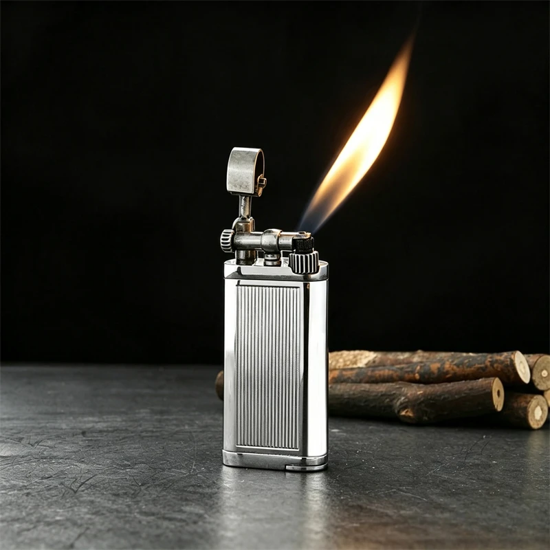 Metal Flint Lighter Refillable Butane Slant Open Flame Igniter, Portable Outdoor Cigarette Lighter, Mens Smoking Accessory Tool