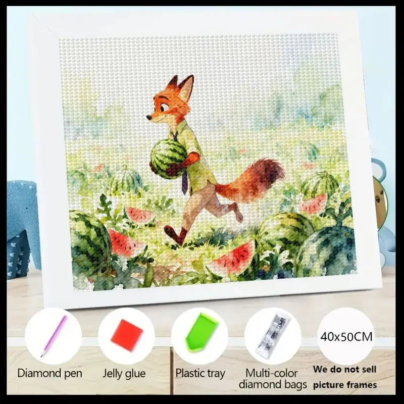 

1PC Fox Carrying Watermelon Diamond Painting 5D DIY Art Kit - Colorful Cartoon Gem Art Set with Multi-Hued Diamonds, Includes Di