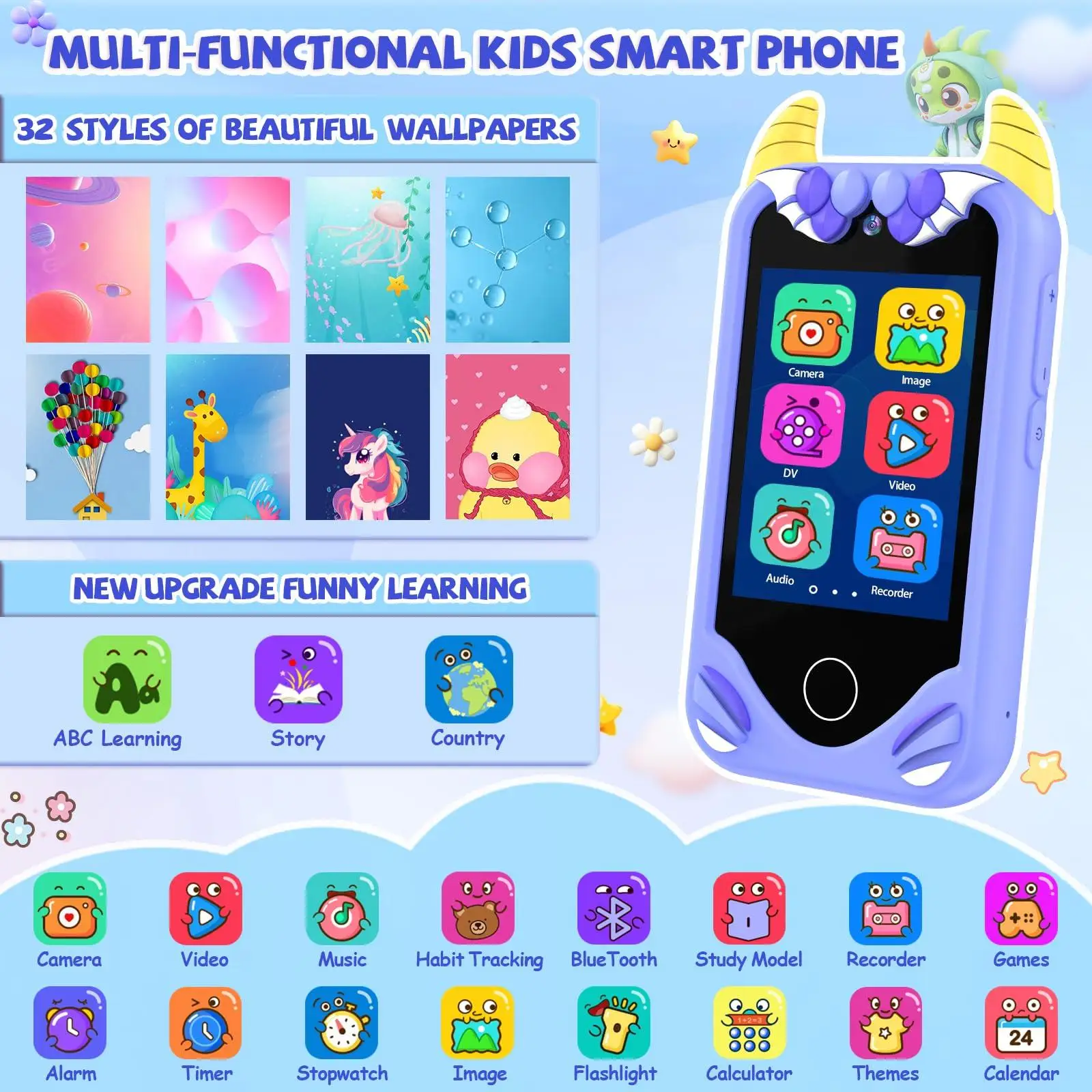 Kids Toy Phone 2.8 Inch With Camera 40+ Puzzle & ABC Learning Games Children Habit Tracker Birthday Xmas Gift Boys Girls
