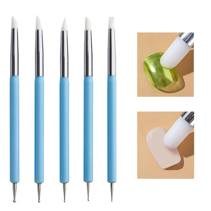 

5pcs Silicone Nail Art Dotting Pen Rhinestone Aplicator Dual Heads Plastic Handle Manicure Emboss Carving Polish Sculpture Tool