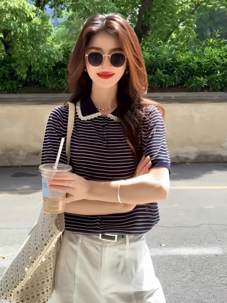 2025 verão listrado camisola de malha camisetas femininas rendas emendadas manga curta moda coreana solta senhoras malhas camisetas jumpers