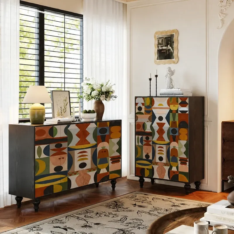 Retro Solid Wood Dining Side Cabinet Geometric Abstract Chest of Drawers Living Room Corner Storage Locker Combination