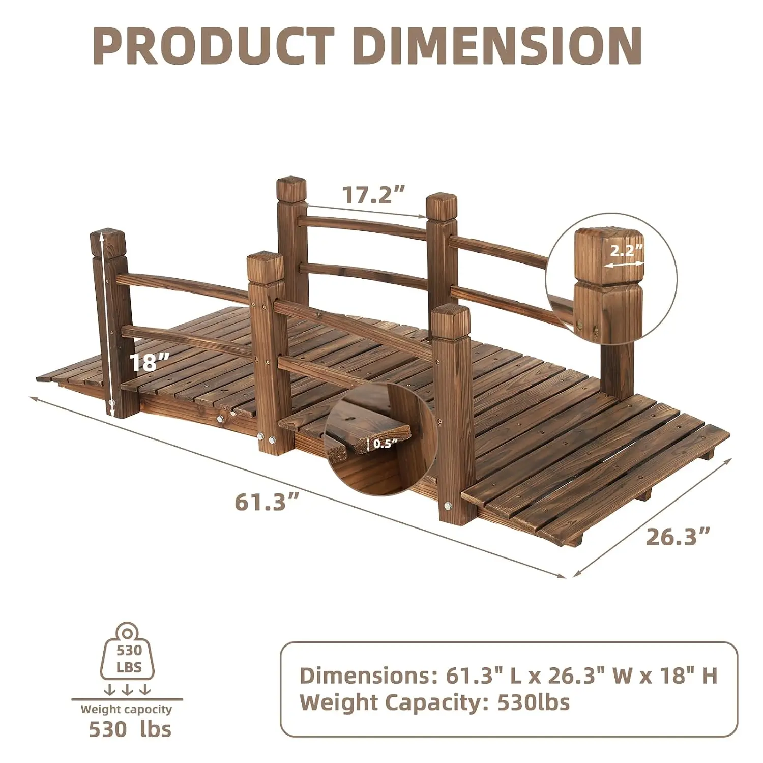 Wood Garden Bridge Classic Wooden Arch Stained Finish Footbridge with Safety Railings, 530 lbs Capacity, Decorative, Customized