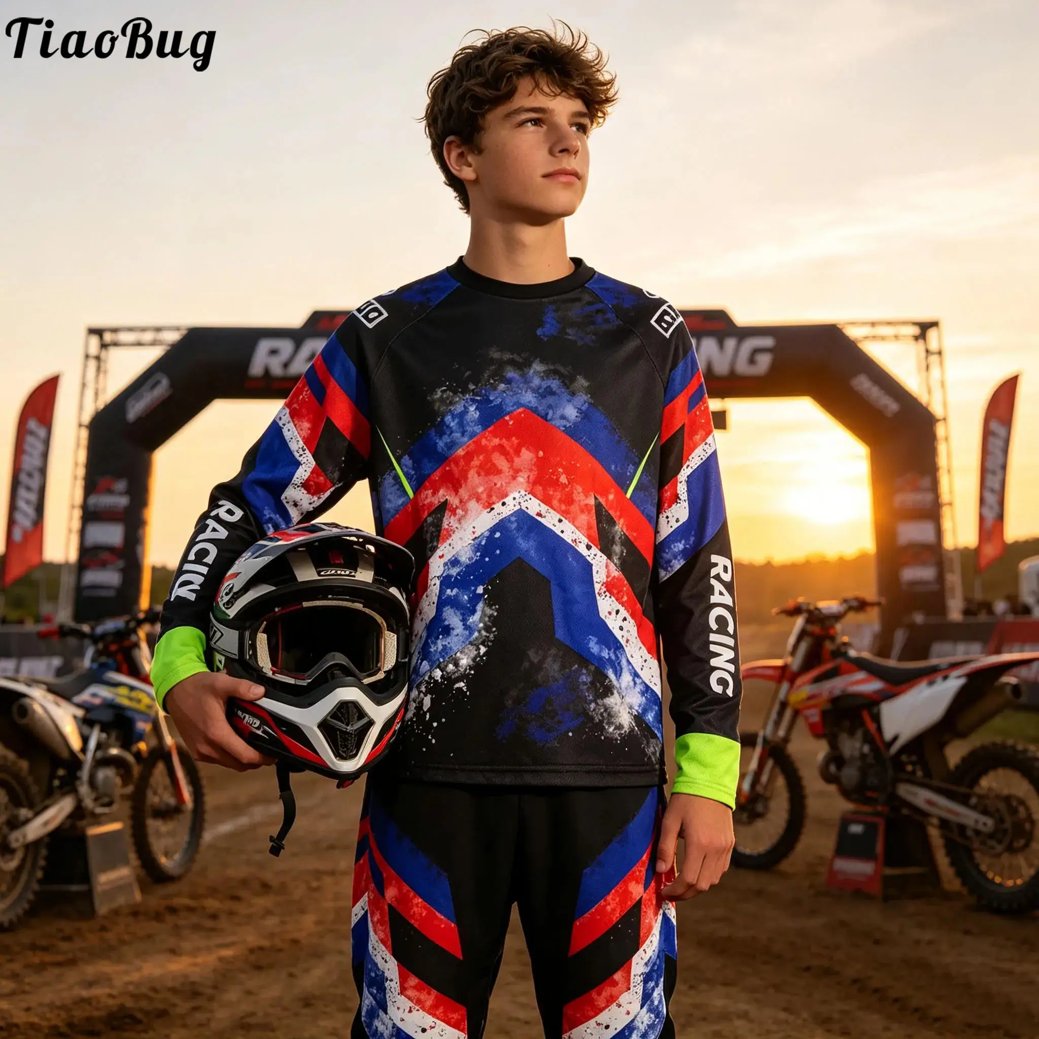 Image of Jugend-Jungen Rennanzug Motorrad Dirt Bike Ausrüstung Motocross Trikot und Hosen Set Atmungsaktiv Schnelltrocknend für Training und Übung