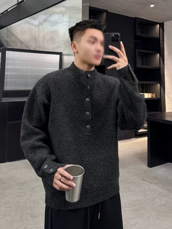 

Men's Henry Collar Knitwear Button up f High Ne Inner Wear Soft Comfortable Thi Long Sve Winter Faion Casual Top