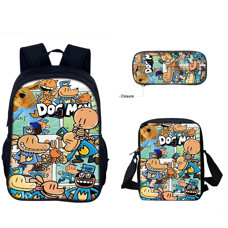 Dog Man 3Pcs Set Boy Funny Cartoon Schoolbag with Shoulder Bag Pencil Case Game Print Backpack Waterproof Children Boolbag