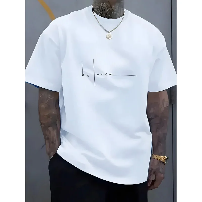 Mens Short Sleeve T Shirt Top Summer 100 Pure Cotton Fashionable Casual Sports Loose Trend Balance Letter Print Round Neck
