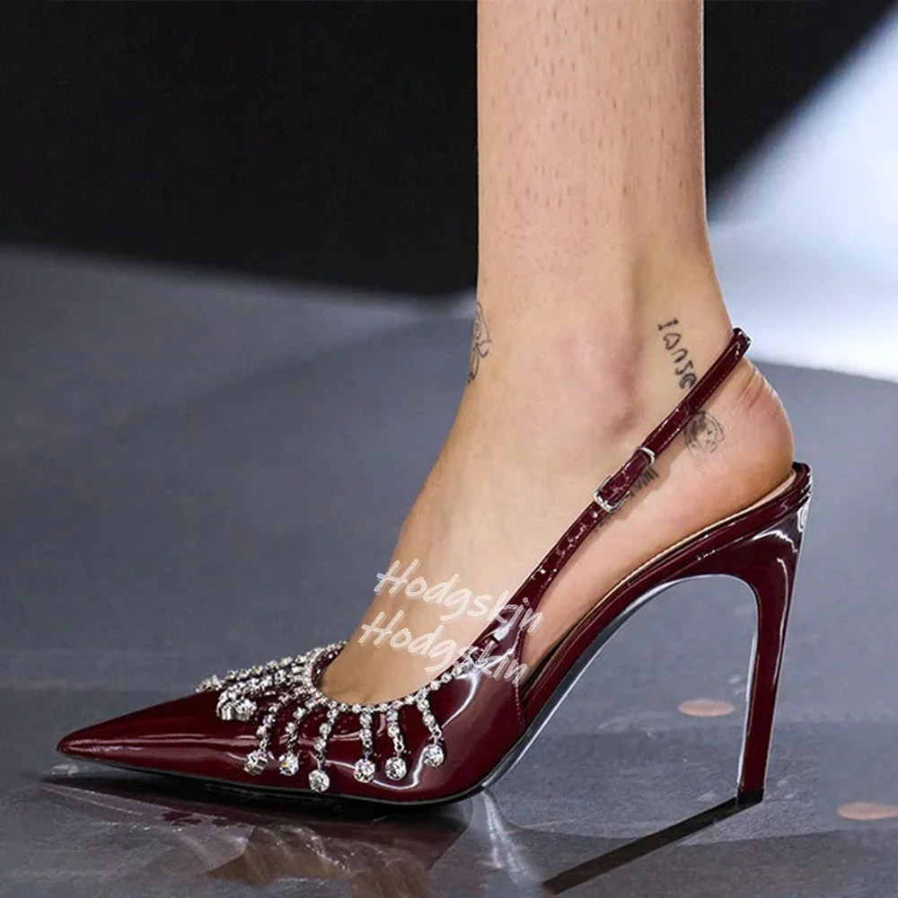 Silver Rhinestone Chain Women Sandals Pointed Toe Thin High Heels Elasticity Slingback Strap Buckle Solid Women Stilettos 2025