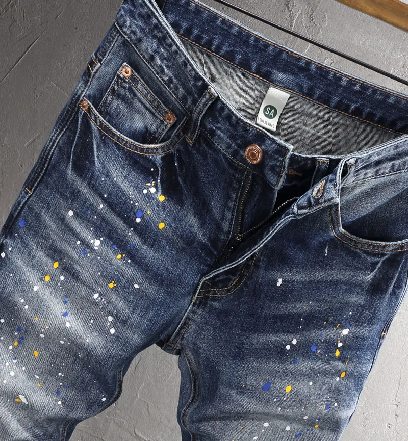 Street Fashion Men Jeans Retro Washed Blue Elastic Slim Fit Vintage Ripped Jeans Men Painted Designer Hip Hop Denim Pants Hombre