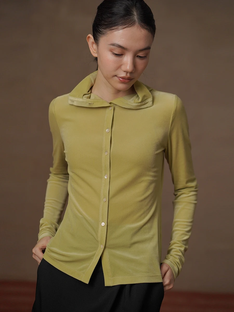 Elegant Velvet High Collar Open Cardigan Women's Slimming Top Spring Freshness Super White Elastic Thin Silk High Neck Body S...