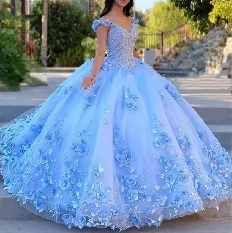 Light Sky Blue Quinceanera Dresses 2024 With 3D Rose Flowers Puffy Sweet 16 Dress Celebrity Party Gowns Graduation Ball Gowns