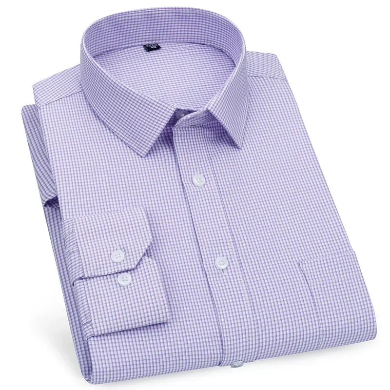 

High Quality Mens Business Casual Long Sleeved Shirt Classic Striped Checked Male Social Dress Shirts Purple Blue Cheap