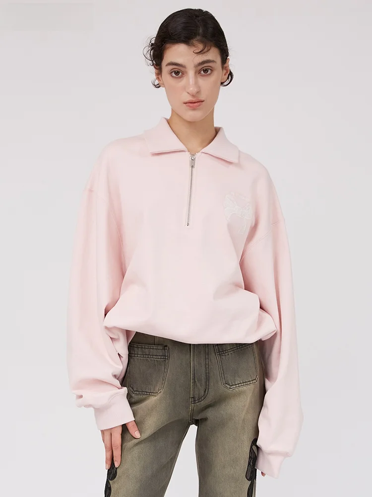 

Розовая толстовка с вышивкой в виде узлов и воротником на молнии M1DNOTE, новинка весна-лето, женская, прямого кроя, с длинными рукавами