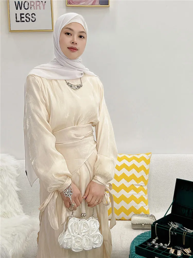 3 Piece Abaya Set Women Summer Shimmering Kimono Inner Long Dress Tie Skirt Muslim Matching Suit Dubai Turkey Modest Outfits