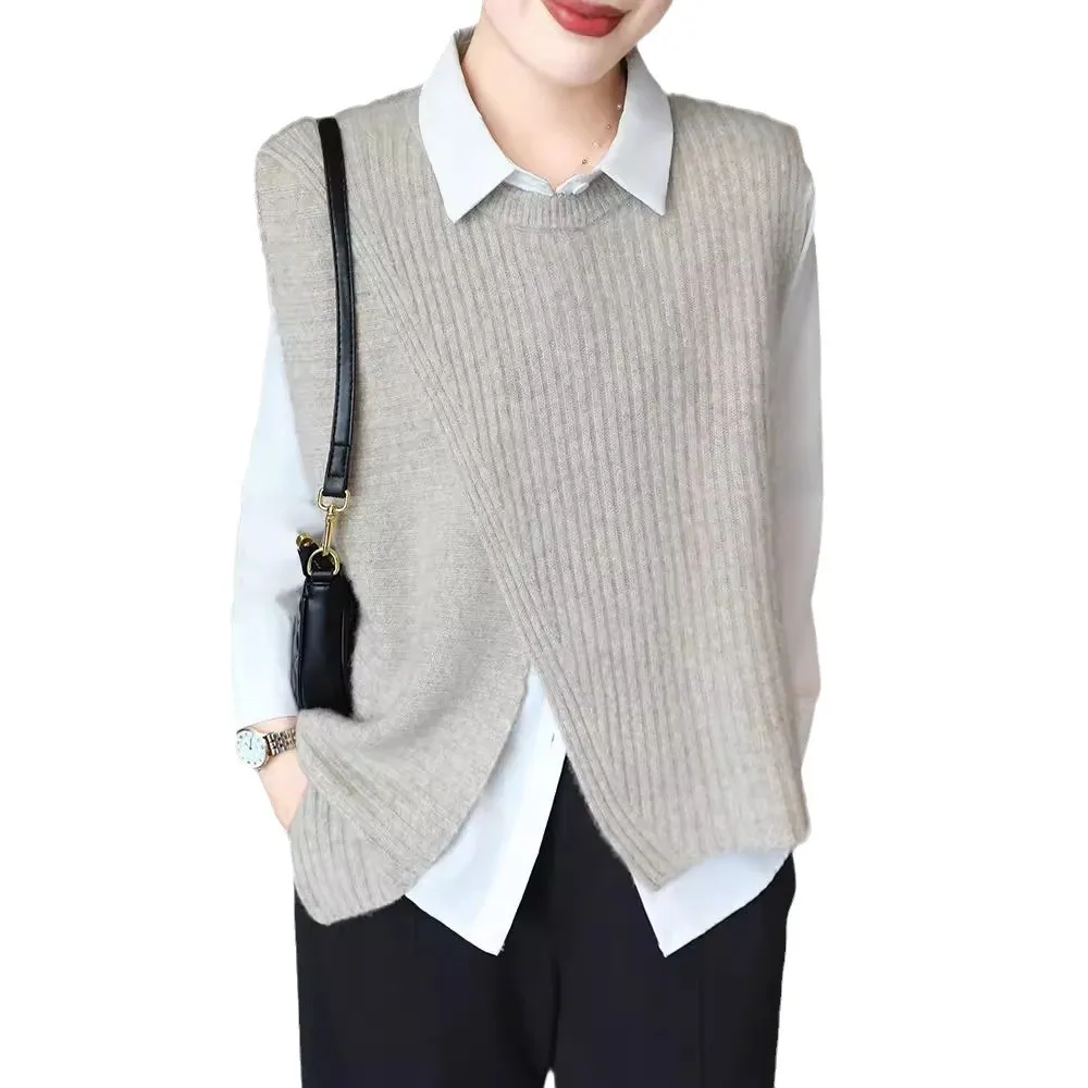 New 100% wool sweater vest knitted garment outer vest layered style slit design pure wool fashionable sleeveless style