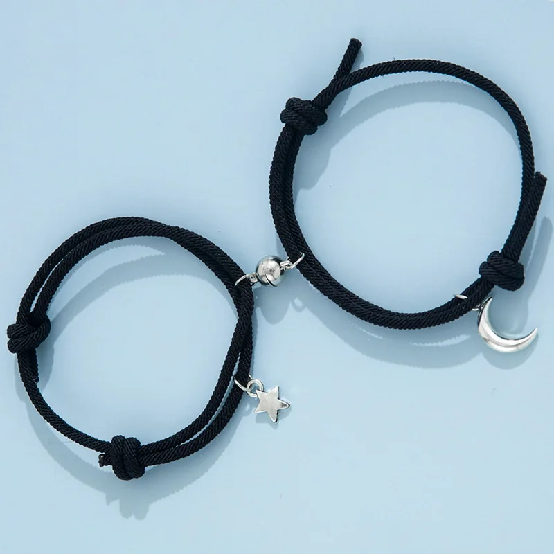 2Pcs Fashion Star Moon Magnetic Pendant Couple Bracelets for Women Handmade Rope Chain Bracelet Friendship Minimalist Jewelry