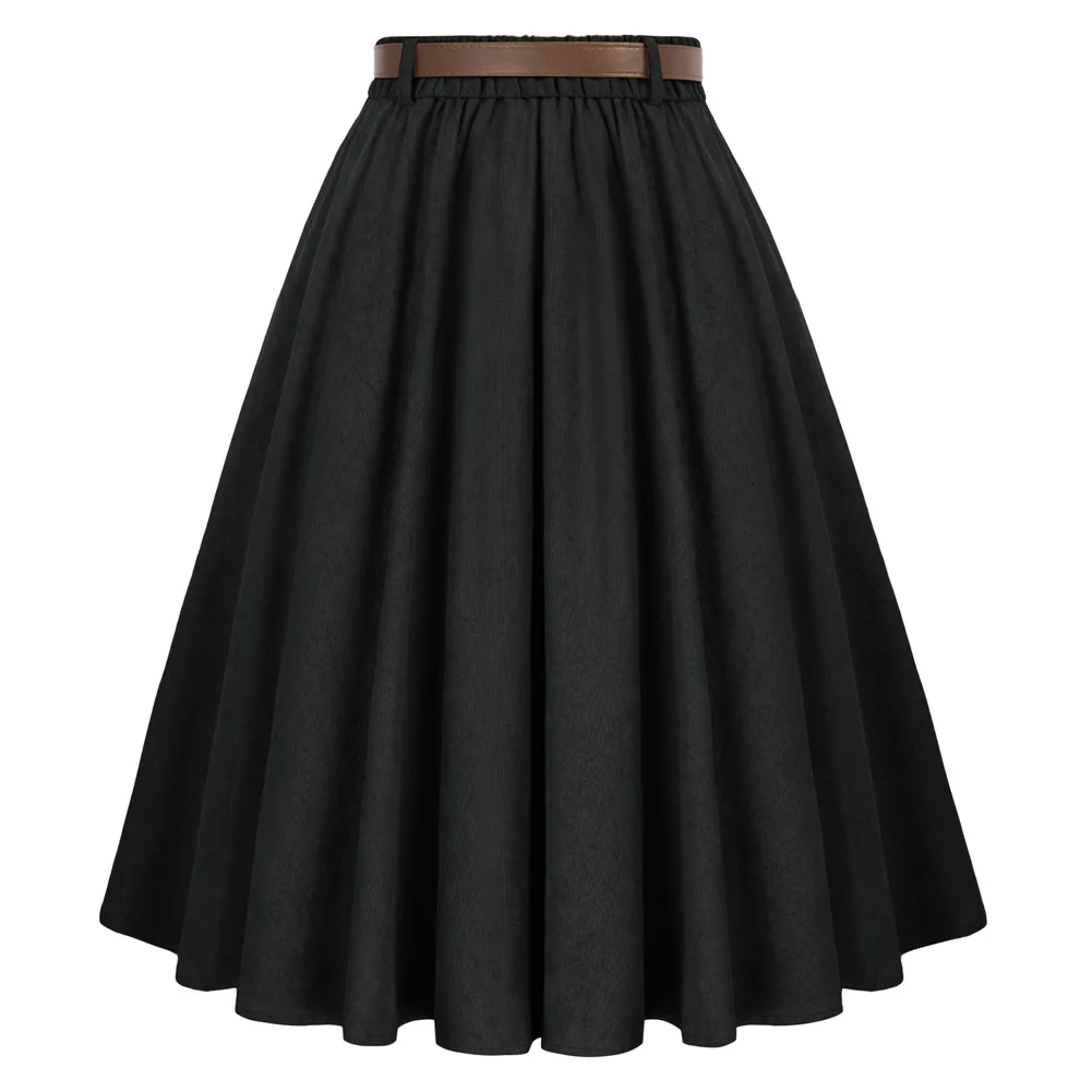 Belle Poque Women's Vintage Midi Skirts With Pockets Belts Elegant Lady High Waist A-Line Flared Skirt Retro Office Workwear A30