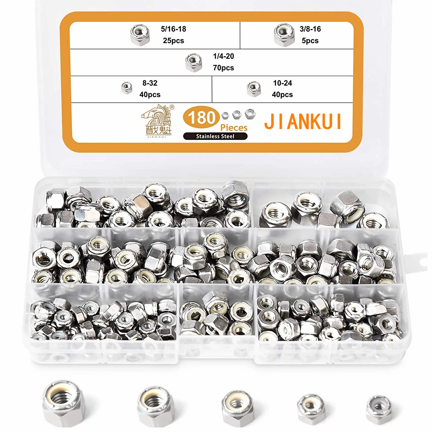 

180PCS 1/4-20 5/16-18 3/8-16 8-32 10-24 Lock Nuts Nylon Insert Nut Assortment Kit, 304 Stainless Steel Hex Locknuts