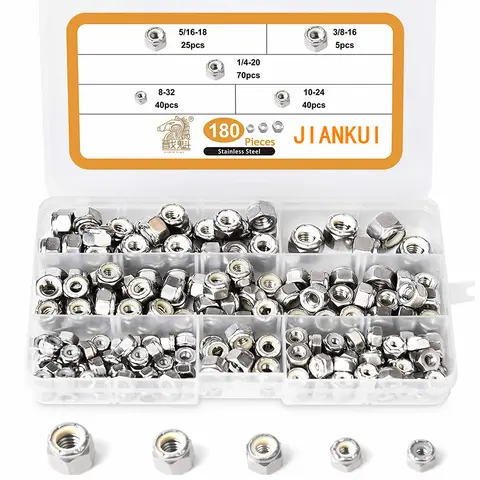 나일론 삽입 너트 모음 키트, 304 스테인리스 스틸 육각 잠금 너트, 180PCs, 1/4-20, 5/16-18, 3/8-16, 8-32, 10-24 Best5