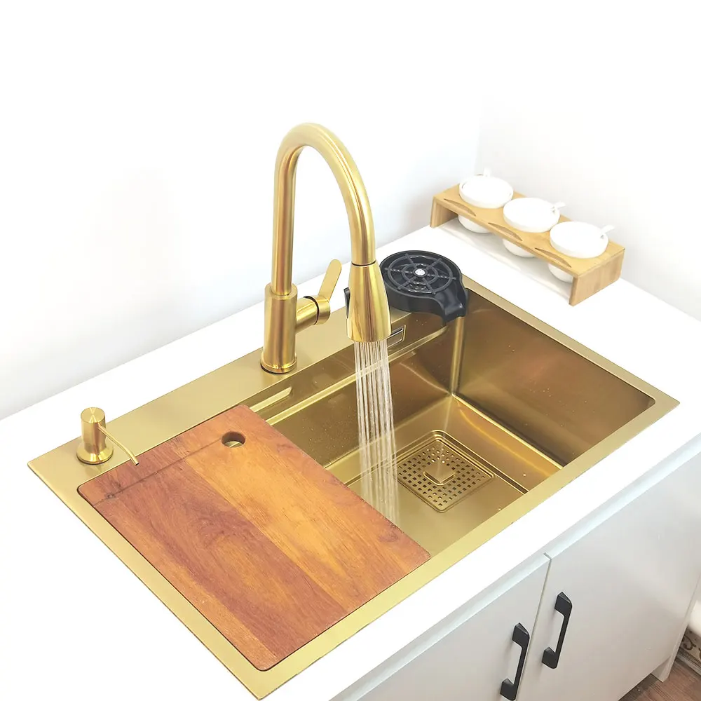 Imagem -04 - Faucet Anti-risco para Cozinha Torneira de Cachoeira de Ouro Lavatório de Tigela Única Aço Inoxidável Pia de Cozinha Funções Dourado Nano