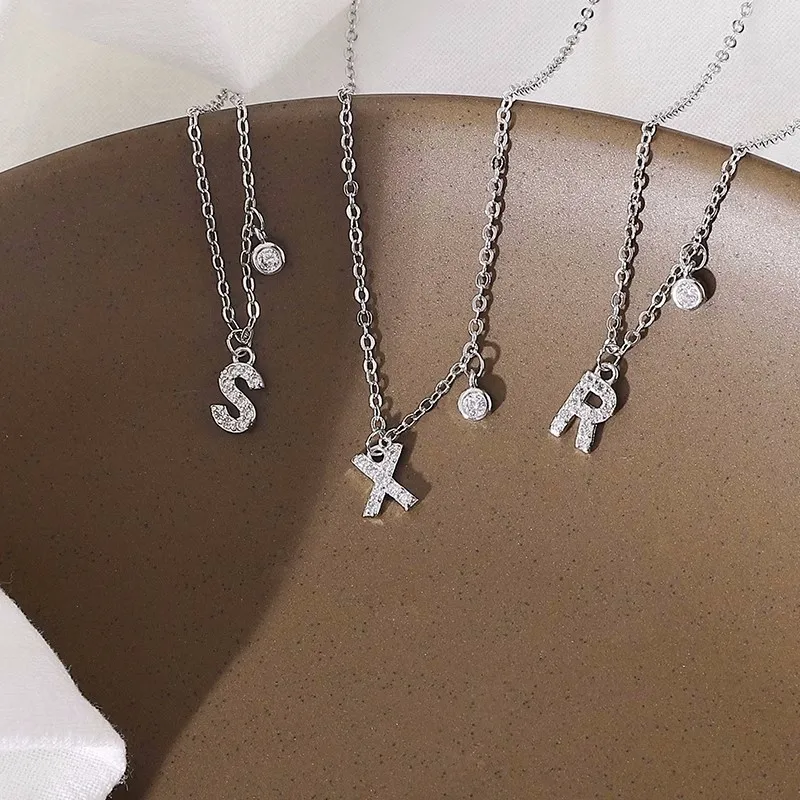 925 Sterling Silver 26 Letter Necklace Sparkling Zircon Letter Pendant Simple Collar Chain Neckchain Women\'s Boutique Jewelry
