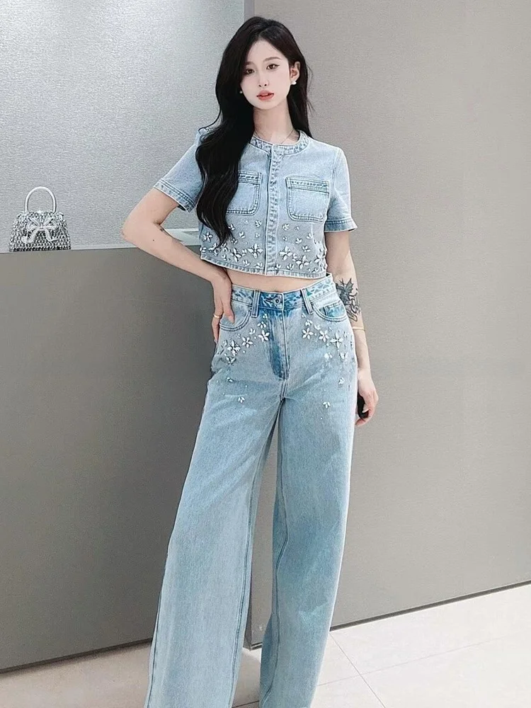 

Faionable High Waist Wide Leg Pants A-Line Design Diamond Embellied Korean Sle Age-Defng Luxury Sensation Autumn New ...