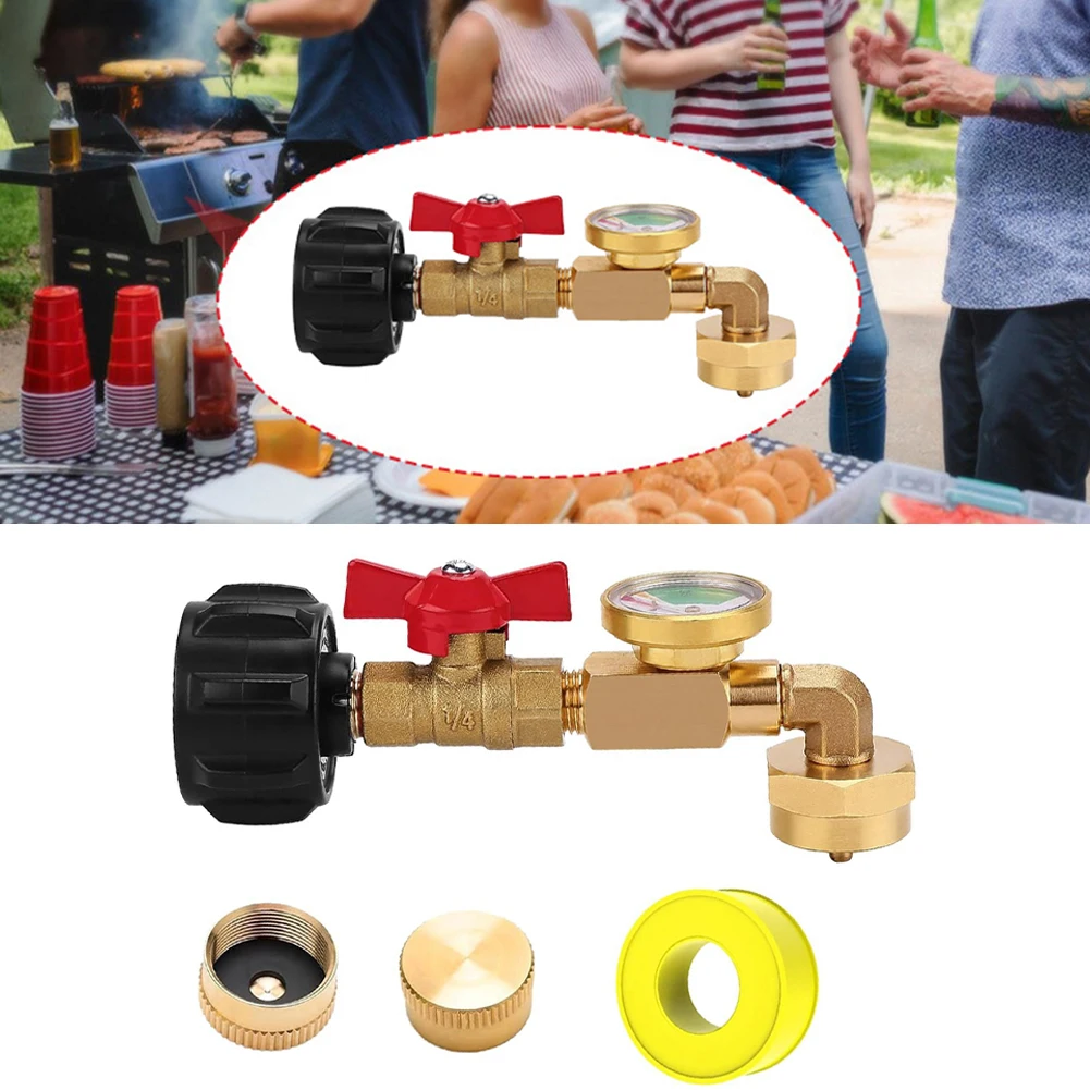 Refill Adapter for 1 lb Propane Tanks Constructed from Brass with Integrated 3-Color Gauge for Propane Level Monitoring