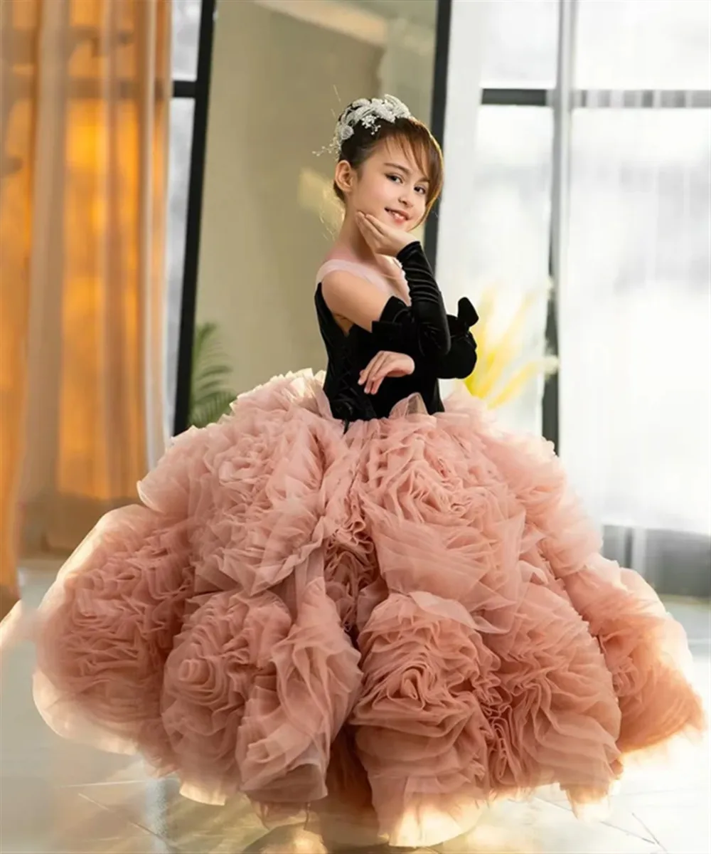 

Elegant Velvet Flower Girl Wedding Dress Floral Sleeveless Princess Birthday Party Dress Holy Communion Ball Gown Customized