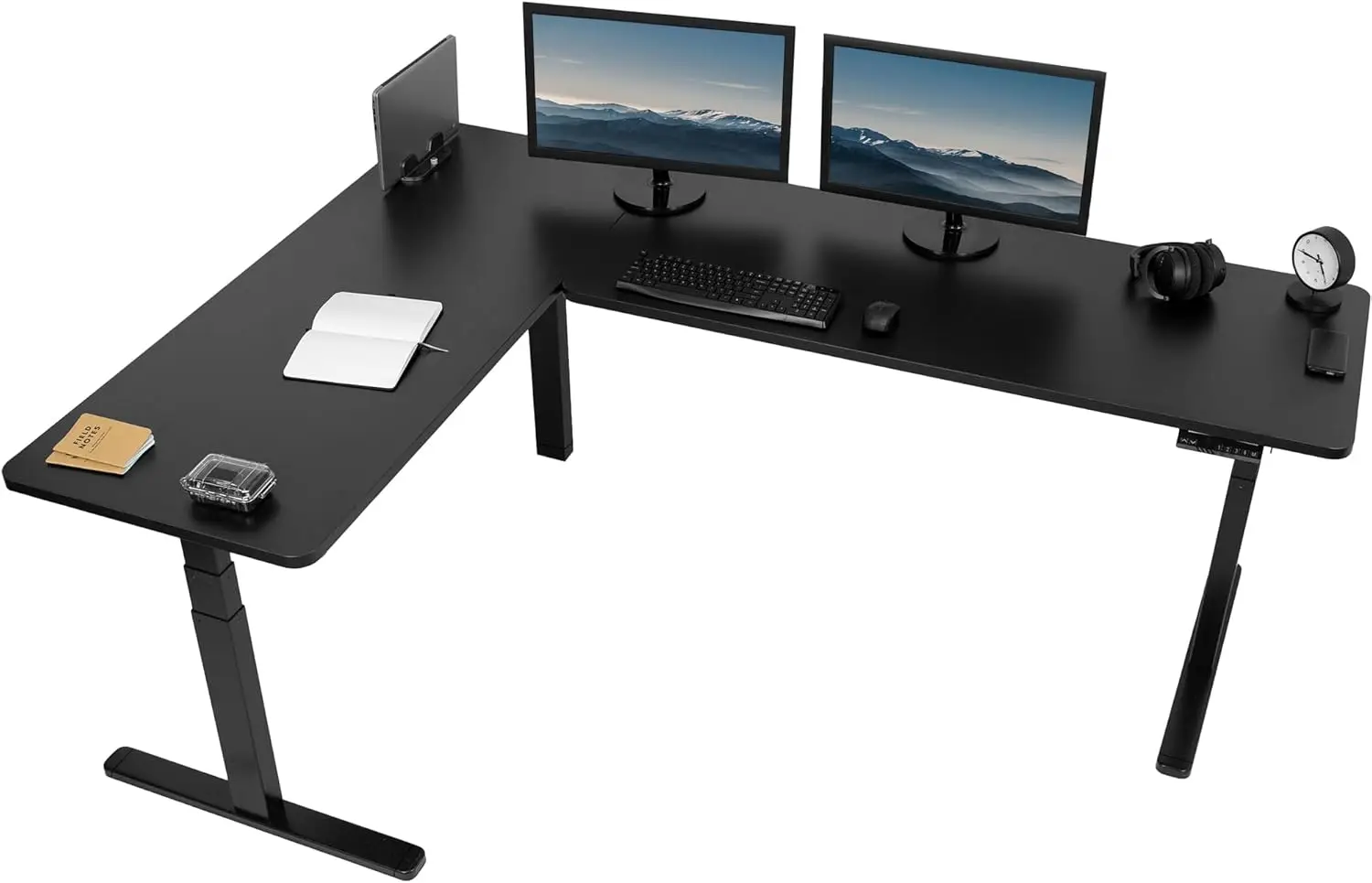 

Electric Height Adjustable 83 x 60 inch Corner Stand Up Desk 2 Dark Walnut Solid Table Tops Black Frame Memory Controller