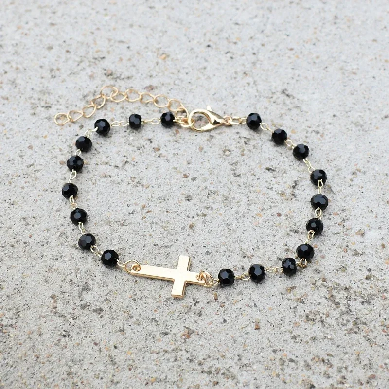 Cross Bracelet Tiny Simple Bracelet for Women Black Beaded Chain Adjustable Pulseras Christian Jewelry