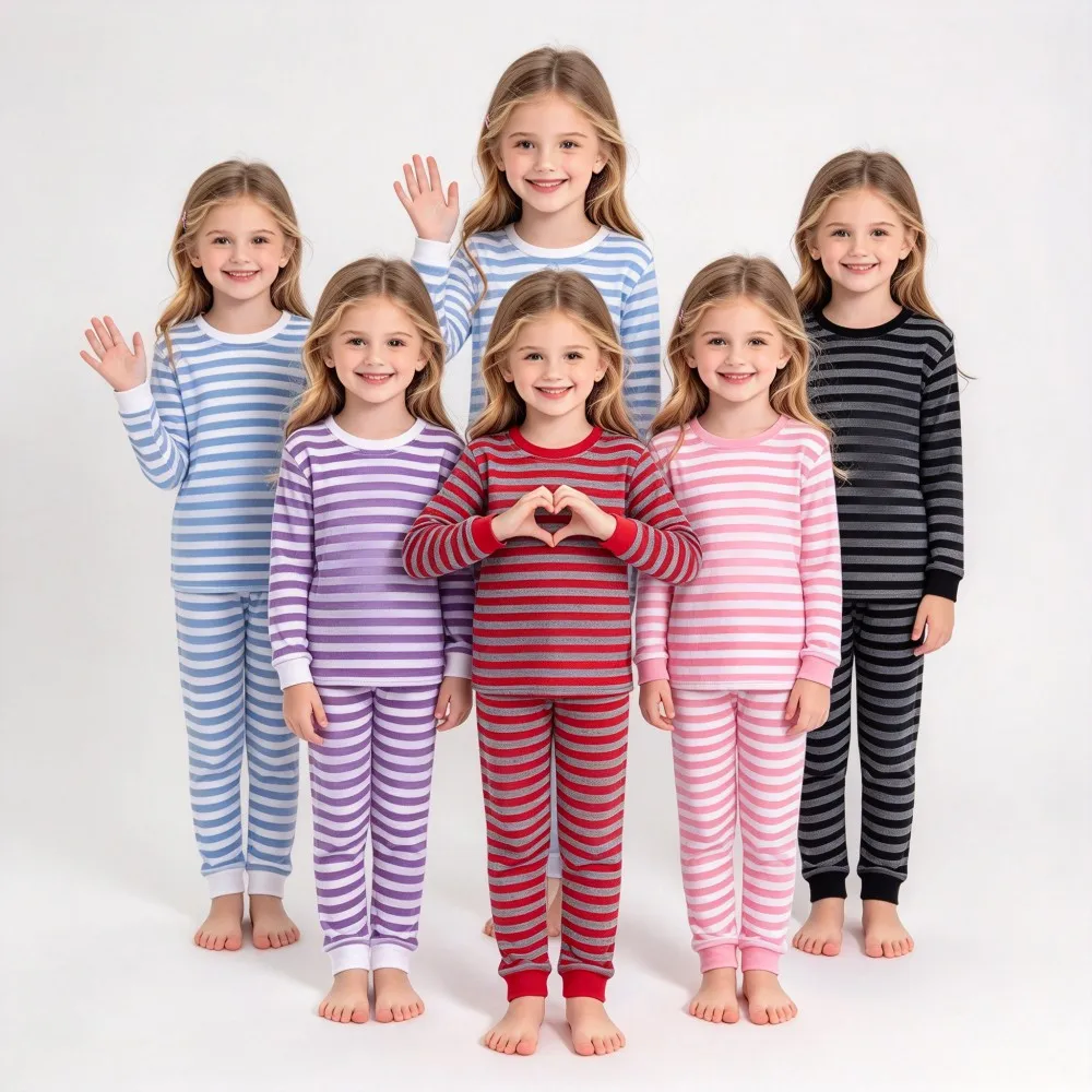 Children Long Sleeve Striped Pajamas Set Soft Breathable Sleepwear Kids Pajama Suit for 2 to 8 Years Girls Christmas Pijamas Pjs