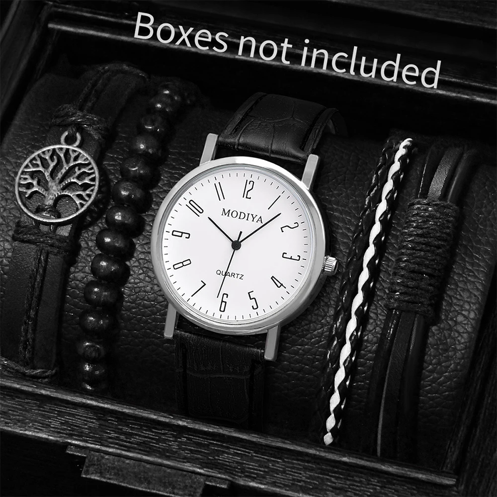 5PCS/Set Men Business Watches Casual Round Quartz Watch Tree PU Leather Bracelets Set（Without Box） image 2