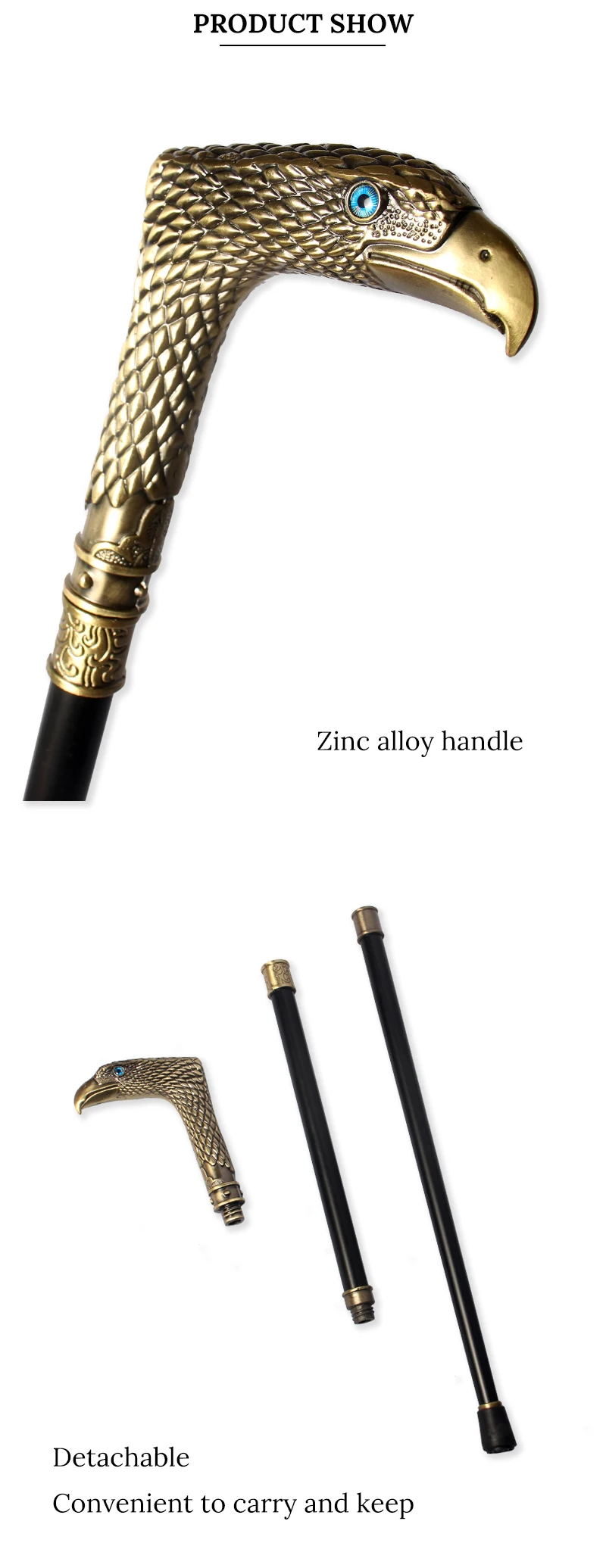Bronze Eagle Head Curved Handle Walking Cane Detachable Vintage Walking Stick Cosplay Party Prop for Men Women