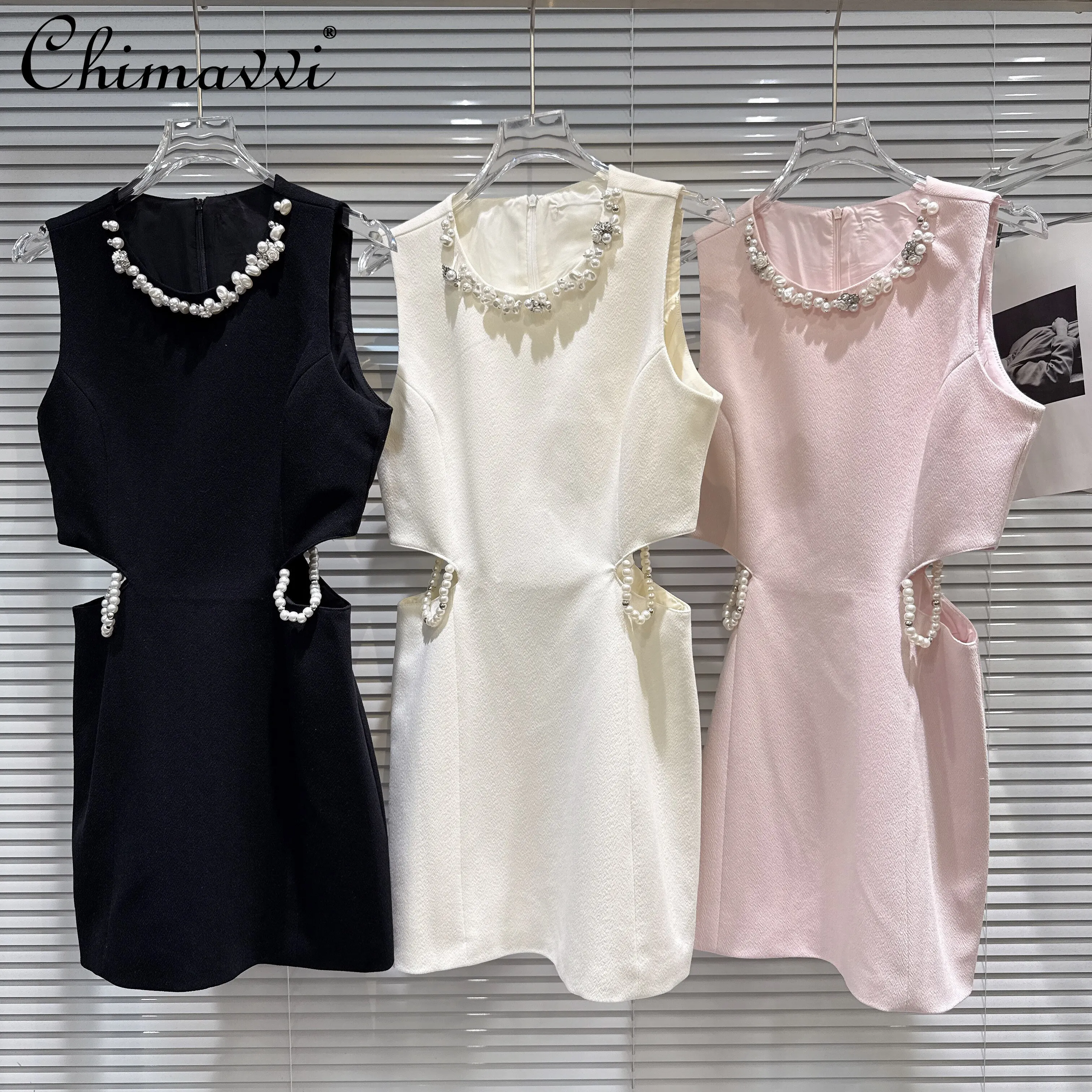 

2026 Summer Korean Elegant Socialite Birthday Party Dresses Pearl Bead Crew Neck Sleeveless Hollow Waist Pink Short Dress Women