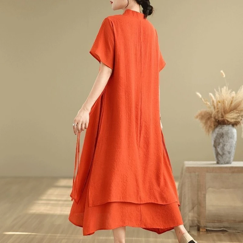 Vestido longo feminino retrô de linho e algodão, gola dupla camada, manga curta, estilo chinês, linha a, vestidos brancos de verão