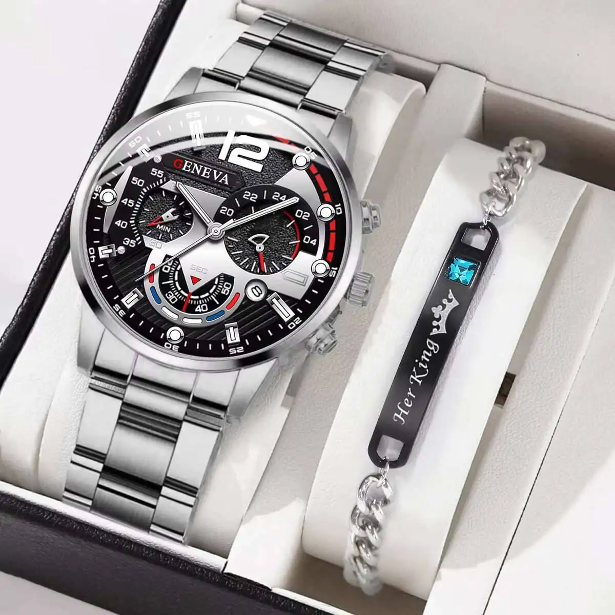 2PCS Fashion Men's Calendar Quartz Watchs Male's Analog Business Wrist Watch Bracelet Set Reloj Hombre（Without Box）