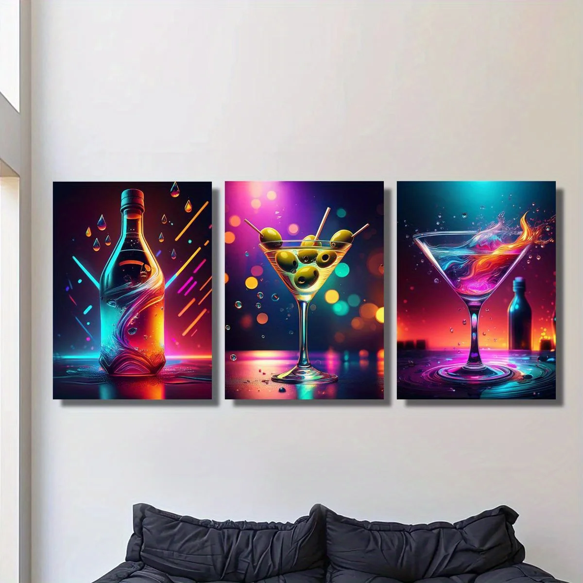 2D Flat, Set of Three 2D Flat Paintings, Featuring Decorative Prints Such As Humorous Martini Art, a Daily Soup Bar Theme, An