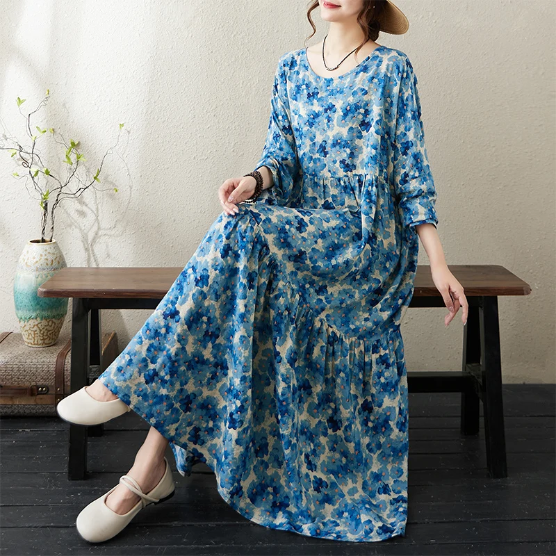 Slimming Blue Floral Cotton Linen Long Sve round Ne Loose Cake Skirt a Line Dr for plus Size Women Autumn Thin Dr