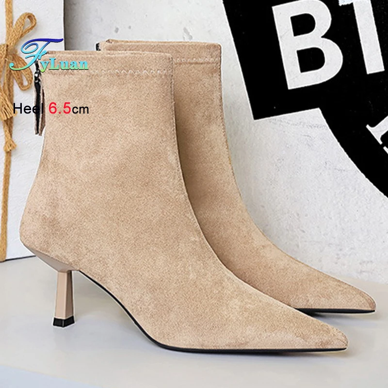 الشتاء الكاكي الجلد المدبوغ المرأة حذاء من الجلد أشار تو أحذية السيدات رقيقة عالية الكعب 6.5 سنتيمتر عودة زيبر السيدات أحذية بوت قصيرة حجم 35-40