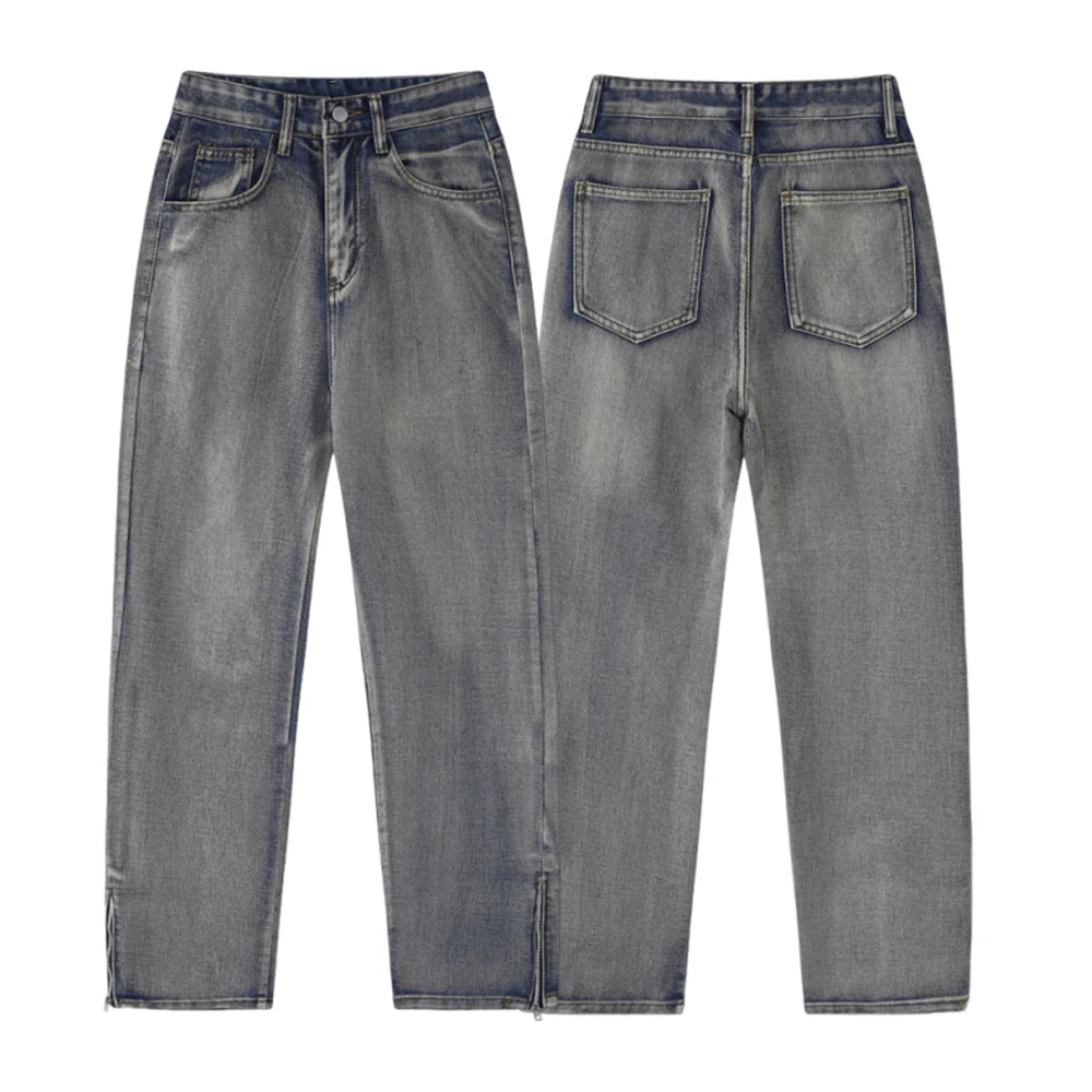 

Модные и индивидуалистичные мужские джинсы на молнии, новые осенние потертые брюки в стиле ретро 2025 года, повседневные брюки прямого спецодежды