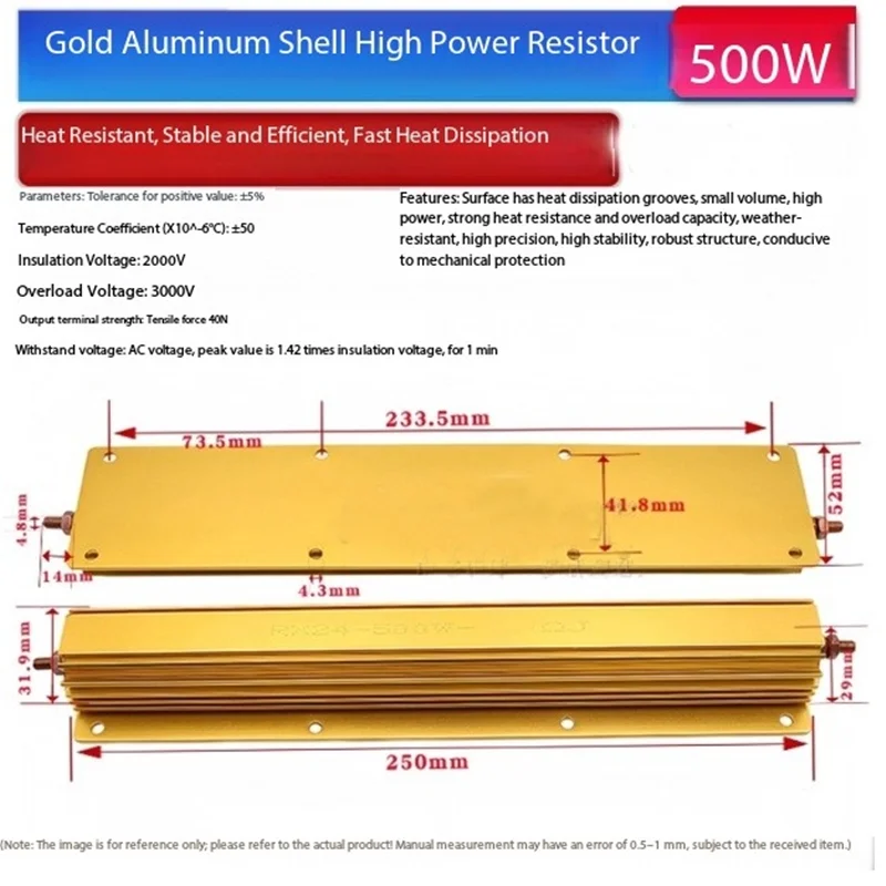 1PCS RX24 500W High-Power Gold-Plated Aluminum-Cased Heat-Dissipating Resistor 01R 0.22R 0.3R 0.47R 1R 3.3R 8R 18R 500R 1K 10K
