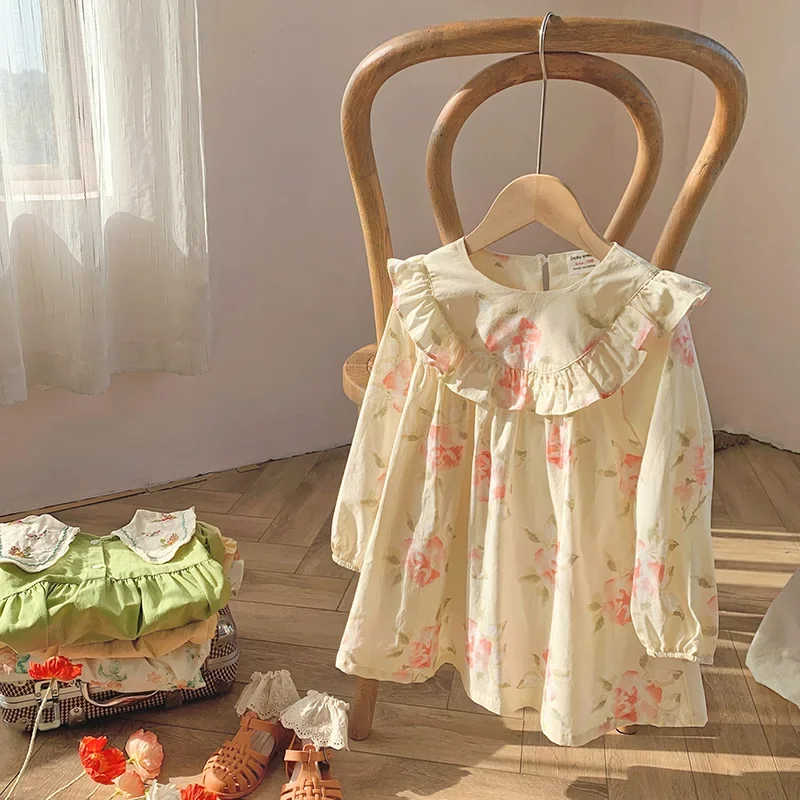 Girl Dress South Korean Children Ruffled Girls Dress 2024 Spring and Autumn Flower Print Sweet Children Dress Girl Flower Dress