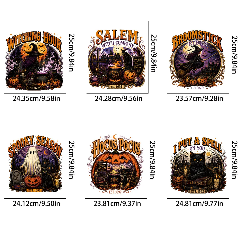 6Pcs American Retro Halloween HTV Iron-on Patches, Colorfast, Wash Resistant, DIY Holiday Decor for Clothes, Bags & Pillows